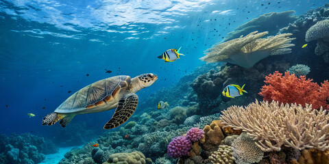 Naklejka premium A sea turtle swims serenely among vibrant corals and diverse fish in a stunning underwater ecosystem. The clear waters reveal a lively marine habitat, showcasing nature's beauty