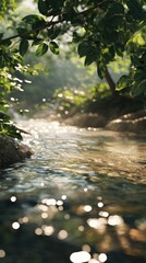 Obraz premium Sunlight filtering through leaves onto flowing creek in lush forest