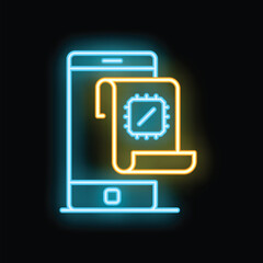 Neon icon of a smartphone with a cpu microchip on a document, representing electronic device manufacturing
