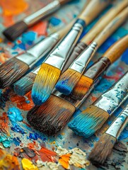 Fototapeta premium Color palettes and brushes in artist studios