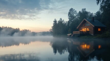 Fototapeta premium A wooden cabin with warm lights sits on the edge of a calm lake at dawn. Mist rises from the water, creating a serene atmosphere as trees frame the peaceful setting