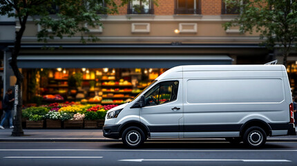White Delivery Van Parked on Urban Street with Fresh Market Background