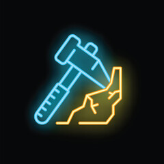 Neon glowing icon of a hammer breaking a stone, symbolizing hard work, mining, and construction