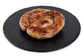 Grilled Sausages, close-up, isolated on white background.