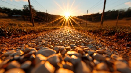 Obraz premium Sunset over gravel road, vineyard background, rural scene, idyllic travel