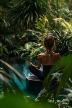 Yoga. Woman Relaxing in Tropical Nature. Advertising  promo image for graphic design. Space for text.	
