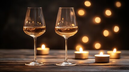 Two wine glasses on a wooden table surrounded by glowing candles.