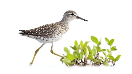 Obraz premium Wood sandpiper bird walking, coastal plants, white background, wildlife photography