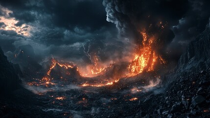 Dramatic volcanic eruption at night