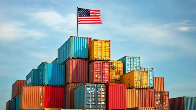 Colorful stacks of shipping containers form a towering structure, crowned by the American flag, symbolizing trade power and economic reach under a clear sky. For trade war meme.