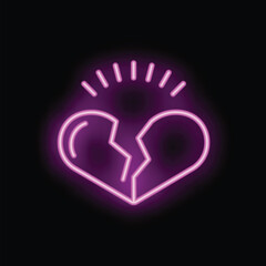 Neon pink broken heart sign is glowing brightly on a black background