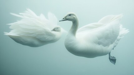 Fototapeta premium White goose swimming beside a white duck. Close-up with visible feathers and feet details. 