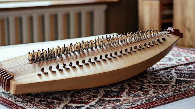 Traditional zither displayed on an intricately patterned rug in a cozy indoor setting during afternoon light