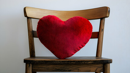 A single red heart-shaped pillow placed on a wooden chair against pure white background