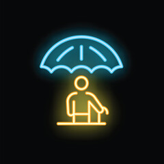 Glowing neon line icon of a person covered by an umbrella, conveying a sense of security and insurance