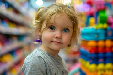 Fototapeta premium Generative AI image of a cheerful child enjoying a visit to a colorful toy store