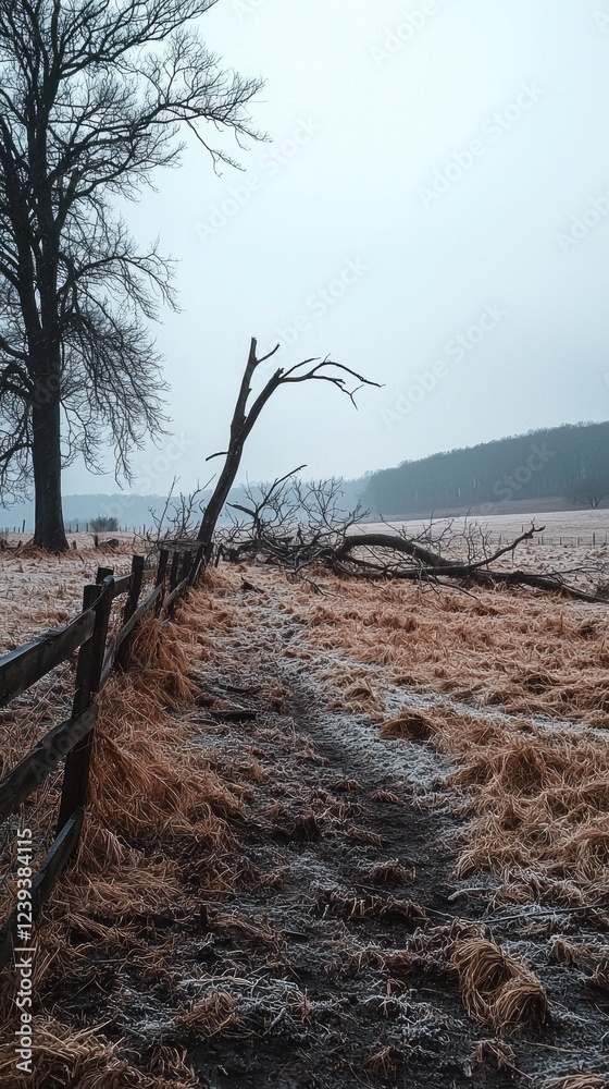 Poster a frosty pathway stretches through a tranquil winter landscape, bordered by a rustic wooden fence. b