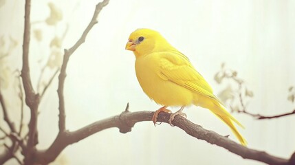 Fototapeta premium Yellow canary perched on branch, indoor setting, soft light