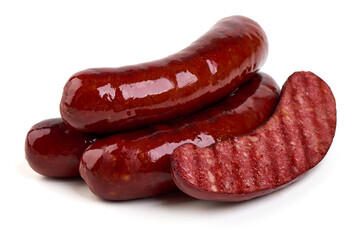 Grilled pork sausages, Oktoberfest dishes, isolated on white background.