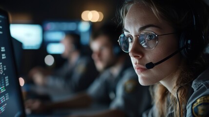 A female member of the Technical Support Team offers guidance while wearing headsets. Behind her, others are working, and screens are filled with different data