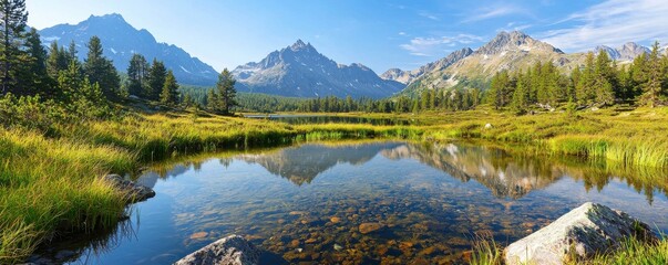 Obraz premium A serene landscape featuring a clear lake surrounded by lush greenery and majestic mountains under a blue sky.