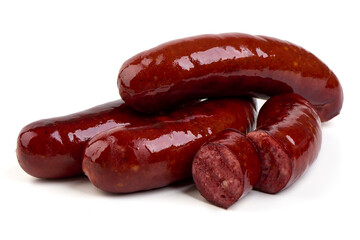 Grilled pork sausages, Oktoberfest dishes, isolated on white background.