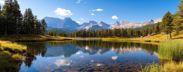 Fototapeta premium A serene landscape featuring a calm lake reflecting mountains and blue skies, surrounded by greenery and tall trees.