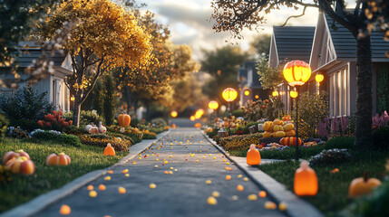 A quiet suburban street transformed into a candy wonderland, where front yards are filled with edible candy sculptures, and candy corn lines the sidewalks like street lamps. 