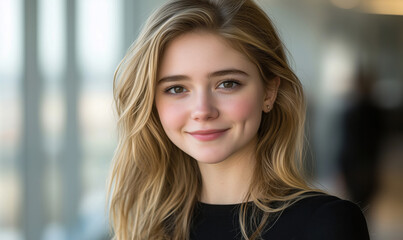 Obraz premium A young woman with long blonde hair smiling softly at the camera in a bright indoor setting.