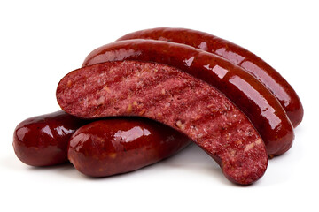Grilled pork sausages, Oktoberfest dishes, isolated on white background.
