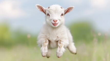 Obraz premium Kid goat leaping in spring meadow, joyful expression. Use greeting cards