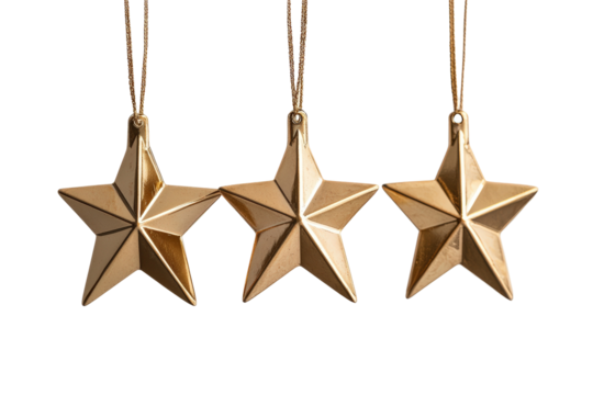 Isolated Three Shiny Golden Star Ornaments on Thin Strings