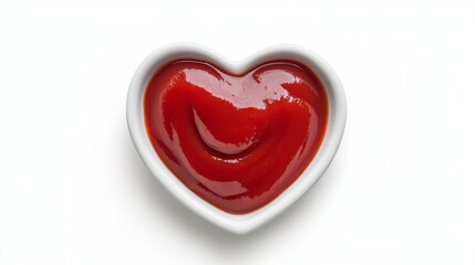 A heart-shaped bowl holds rich red ketchup, creating a whimsical and inviting display against a clean white background, perfect for food presentations or promotions