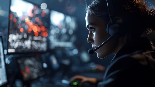 A confident female data scientist operates her personal computer while wearing a headset in a large infrastructure control and monitoring room
