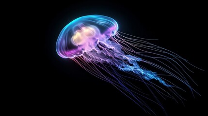 Fototapeta premium A breathtaking jellyfish glides through dark waters, showcasing its vibrant bioluminescent colors. Its delicate tentacles trail behind, creating a mesmerizing underwater spectacle