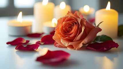 A single romantic rose petals and candles on a table against pure white background