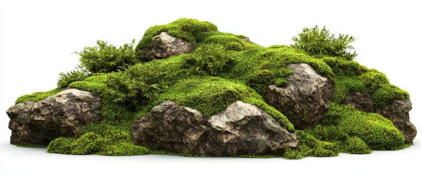 Concept of architectural and landscape design showing a top and side view of isolated grey stone with moss on a transparent background, presented in 3d rendering format as a PNG image