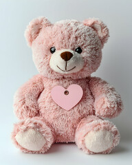 Obraz premium A single soft pink teddy bear with a heart-shaped tag against pure white background