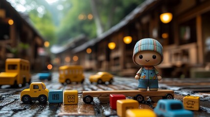 Fototapeta premium Wooden toy boy on a toy truck in a village.