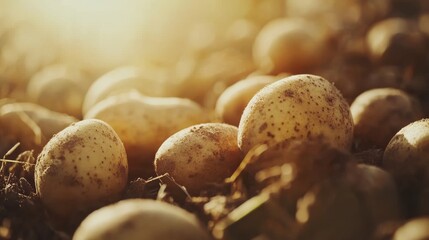 Rows of freshly harvested potatoes rest on the earth in a sun-soaked field. This autumn, the golden light highlights the textures of the soil and tubers, showcasing nature's bounty