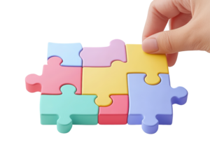 Isolated Hand Placing Colorful Puzzle Piece onto Set
