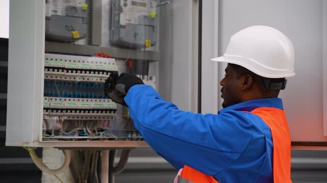 African American electrician working on outdoor electrical panel wiring
