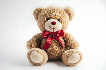Obraz premium A single soft teddy bear with a red bow on its neck against pure white background