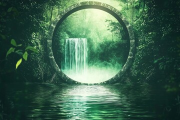 A stock digital illustration featuring a portal to a water-themed fantasy realm created through water magic.