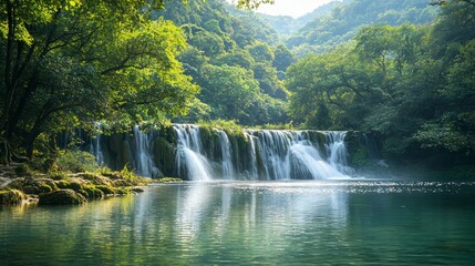 Fototapeta premium Gentle waters cascade from high cliffs, creating a peaceful oasis embraced by lush greenery under soft sunlight. Nature's beauty invites calm and reflection in this serene setting