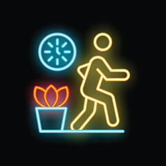 Neon sign of a businessman walking in the office with a clock and a plant in a pot