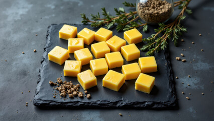 Fototapeta premium Cut pieces of golden-yellow beef tallow on a dark slate board with rosemary.
