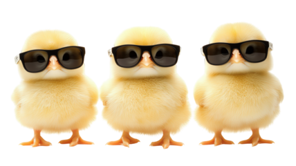 Isolated Three Adorable Yellow Chicks Sporting Stylish Dark Sunglasses