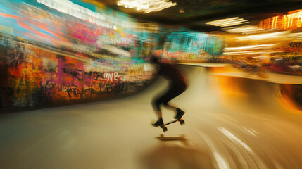 High-Flying BMX Cyclist Performing an Aerial Trick in a Vibrant Skate Park with Graffiti-Covered Walls and Dynamic Urban Atmosphere