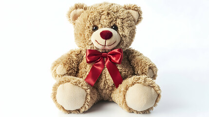 Fototapeta premium A single soft plush teddy bear with a red bow against pure white background